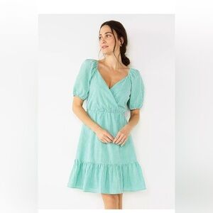 NWT Draper James Teal Green Gingham Faux Wrap Mini Dress size xs